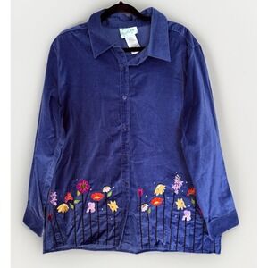 Quacker Factory Blue Velour Button-up Shirt with Floral Embroidery Size XL